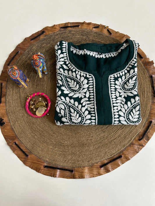 Lucknowi Chikankari Green Rayon Kurti-K20009