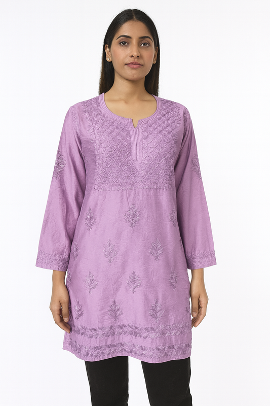 Lucknowi Chikankari Purple 'Jamuni' Chanderi Short Kurti-T000084