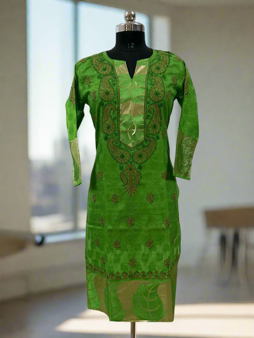 Lucknowi Chikankari Green Chanderi Kurti-PE00007