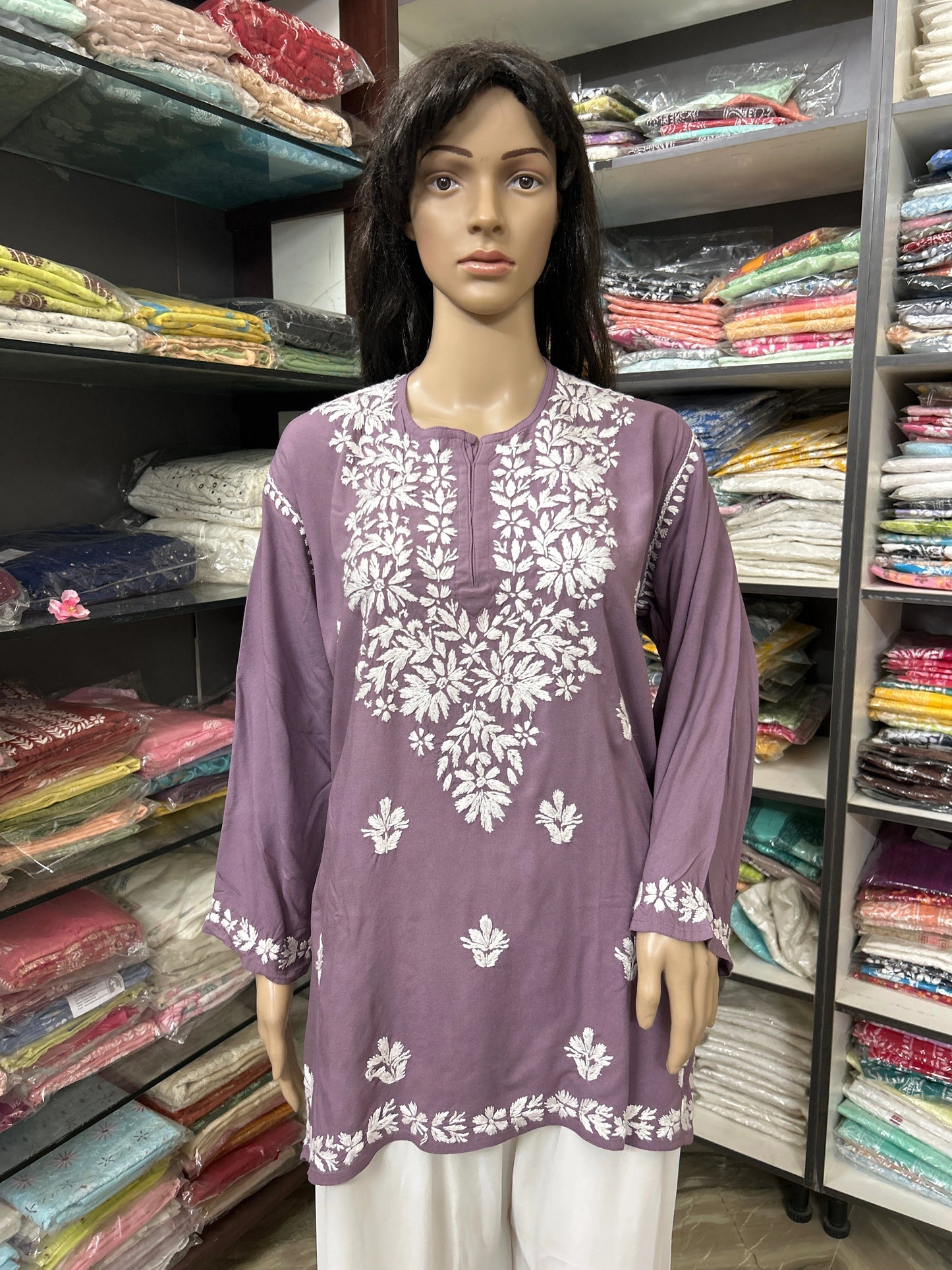 Lucknowi Chikankari Mauve 'Jamuni' Rayon Short Kurti-T60004