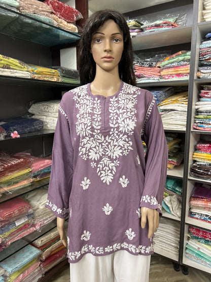 Lucknowi Chikankari Mauve 'Jamuni' Rayon Short Kurti-T60004