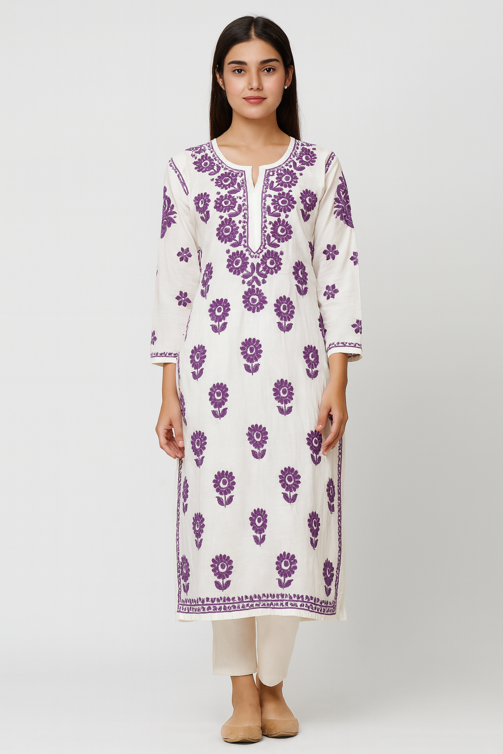 Lucknowi Chikankari White 'Ujaala' Chanderi Kurti-K40090