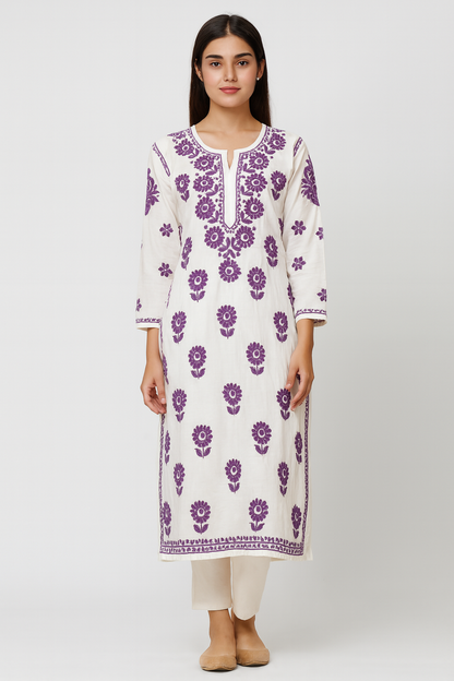 Lucknowi Chikankari White 'Ujaala' Chanderi Kurti-K40090