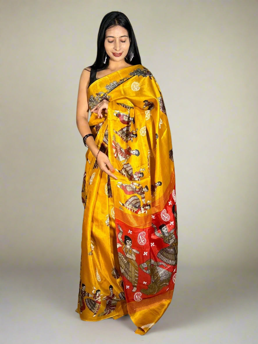 Lucknowi Chikankari Mustard Yellow Printed Faux Silk Saree-PF100001