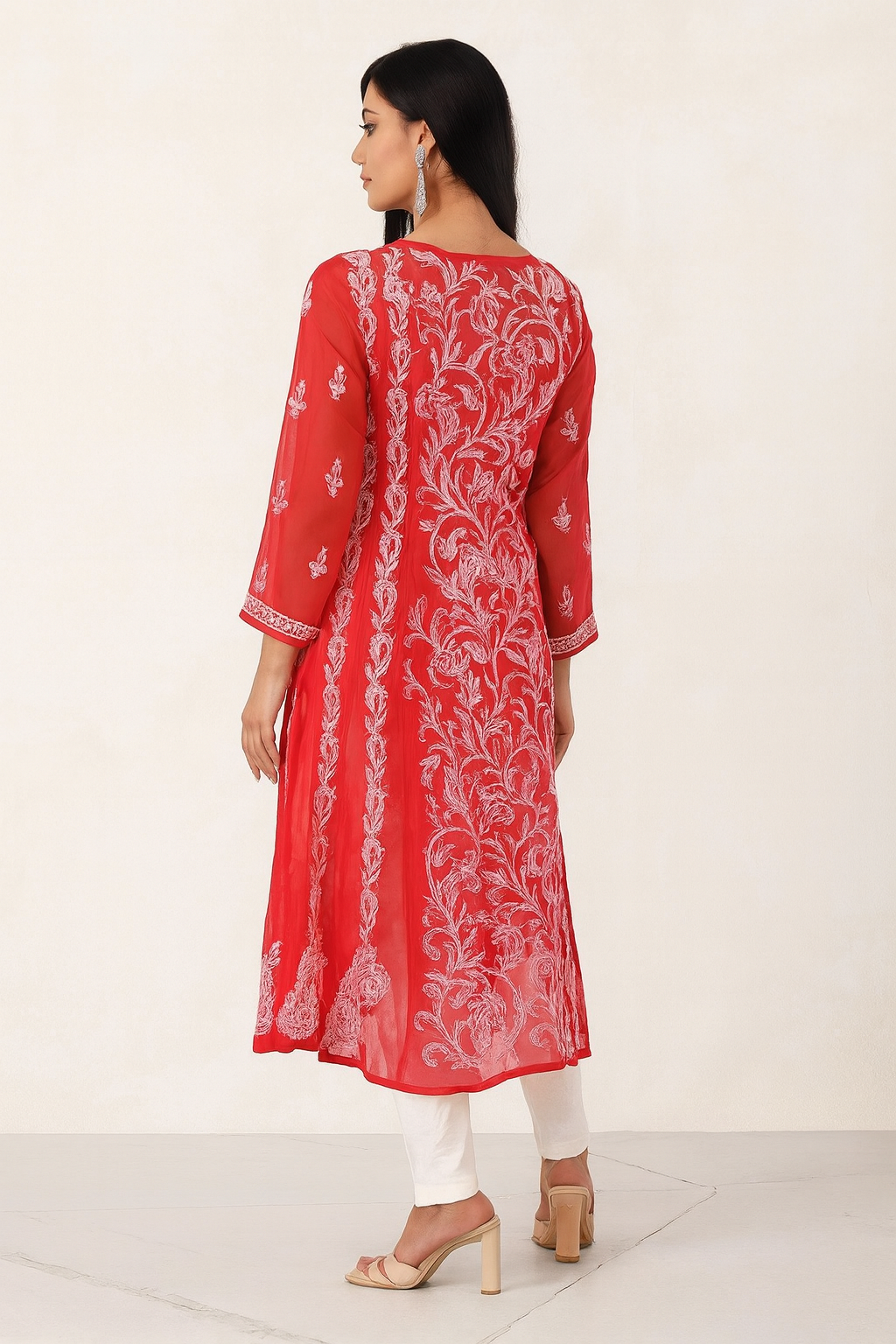 Lucknow Chikankari Red 'Shafaq' Georgette Anarkali-K000007