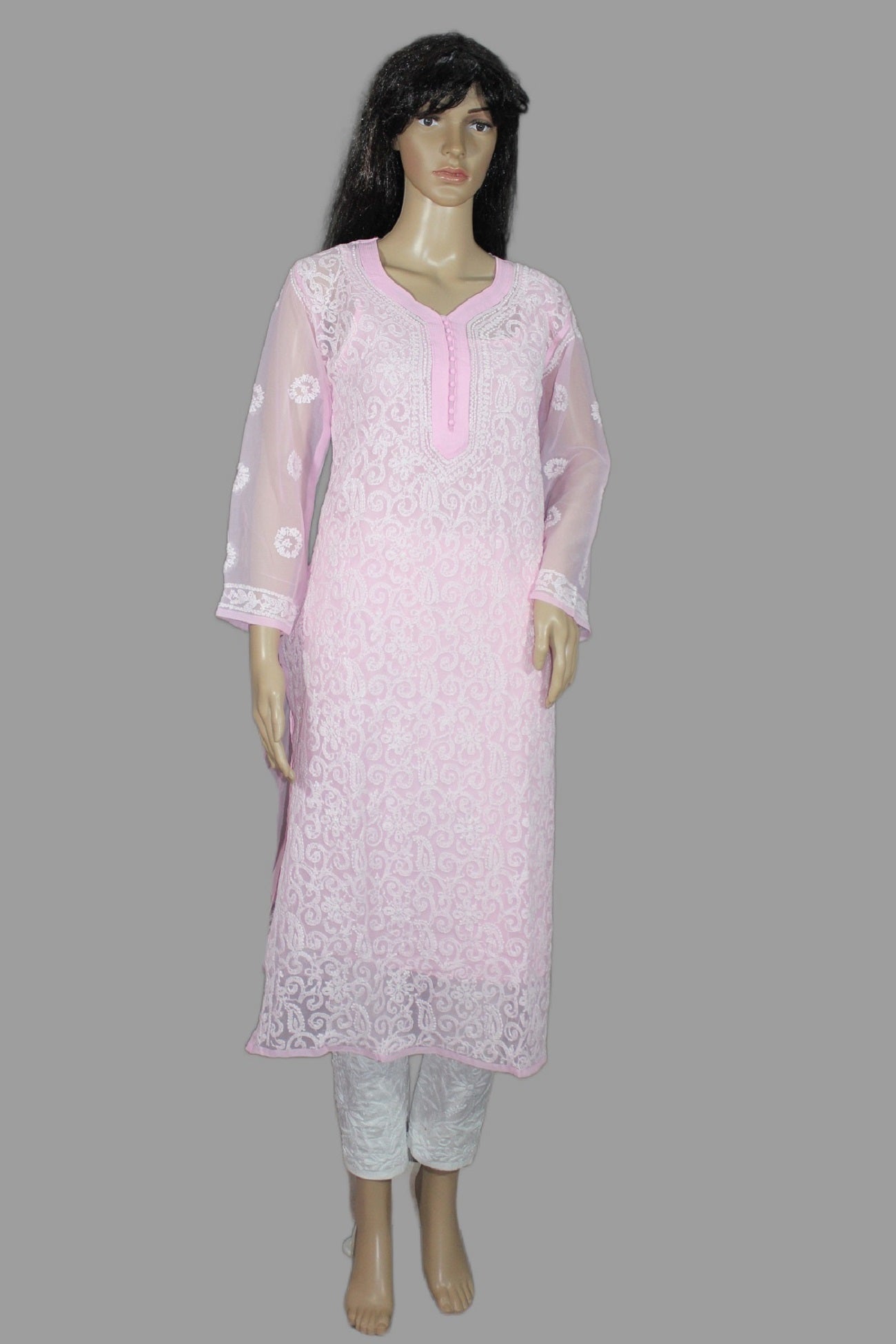 Lucknowi Chikankari Pink 'Shagufta' Georgette Kurti-K30057