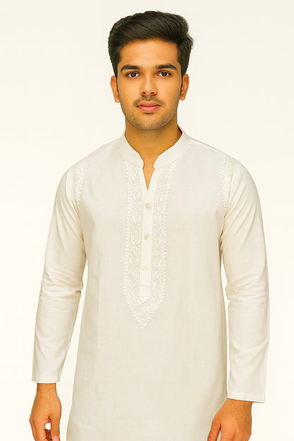 Lucknowi Chikankari White 'Ujaala' Cotton Gents Kurta-GK00006