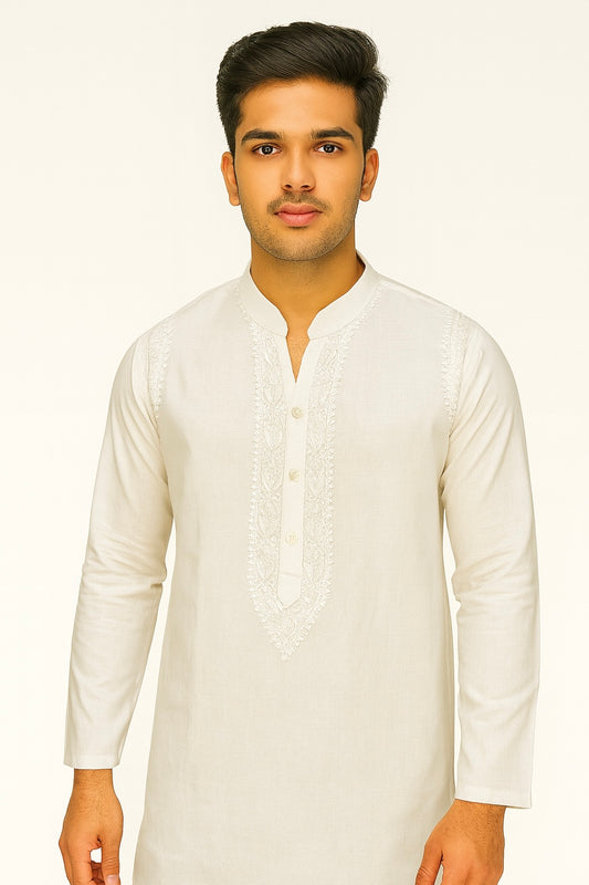 Lucknowi Chikankari White 'Ujaala' Cotton Gents Kurta-GK00006
