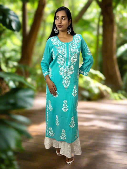 Lucknowi Chikankari Teal Green Cotton Kurti-K000118