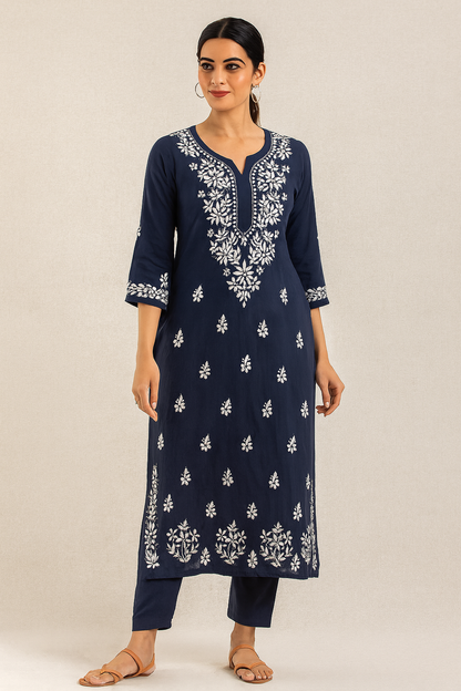 Lucknowi Chikankari Navy Blue 'Aab-e-Asmaan' Modal Kurti-K000186