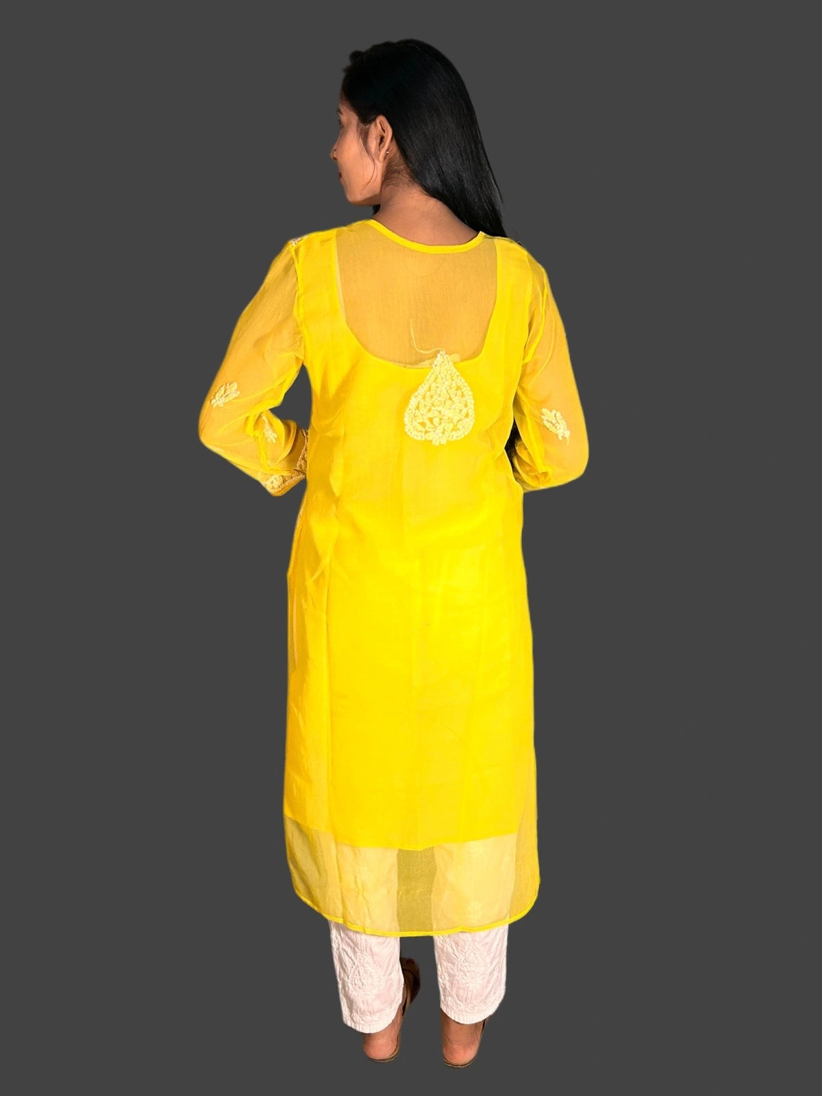 Lucknowi Chikankari Yellow Georgette Kurti-K000052