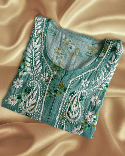 Lucknowi Chikankari Green Printed Cotton Short Kurti-T000023