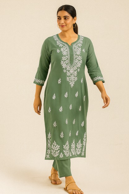 Lucknowi Chikankari Green 'Bahar' Modal Kurti-K000185