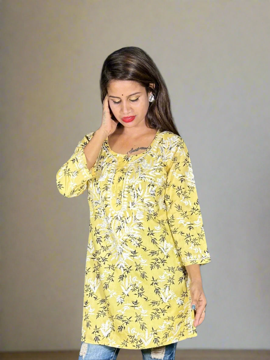 Lucknowi Chikankari Yellow Printed Rayon Short Kurti-T000006