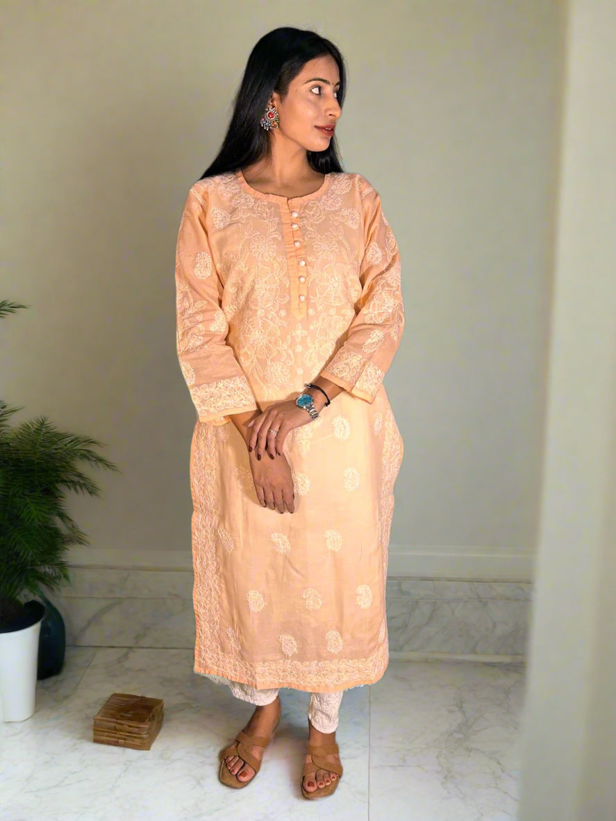 Lucknowi Chikankari Orange Cotton Kurti-K000058