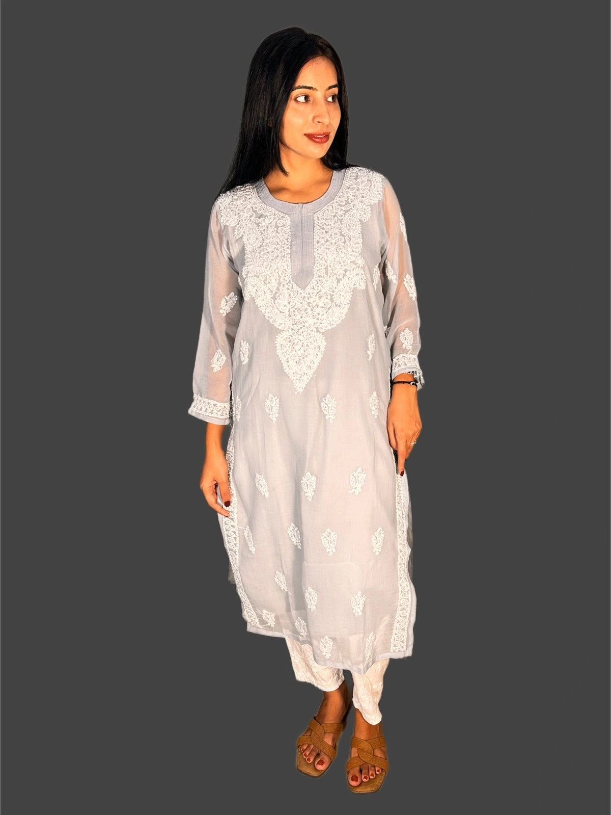 Lucknowi Chikankari Grey Georgette Kurti-K000044