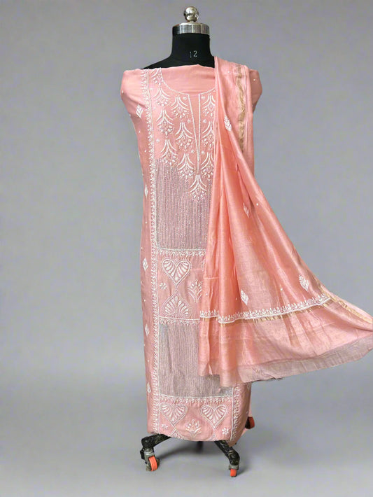 Lucknowi Chikankari Unstitched Peach Chanderi Kurta-Dupatta Fabric-PG400046