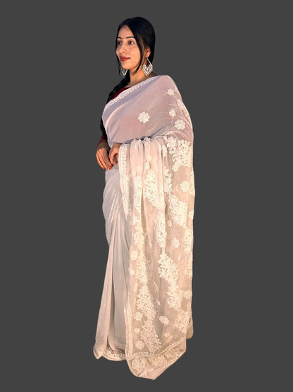 Lucknowi Chikankari White Georgette Saree (With Blouse)-S00013