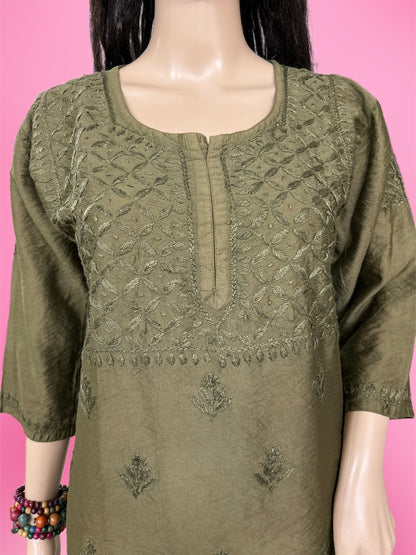 Lucknowi Chikankari Mahendi Green 'Bahar' Chanderi Short Kurti-T000001