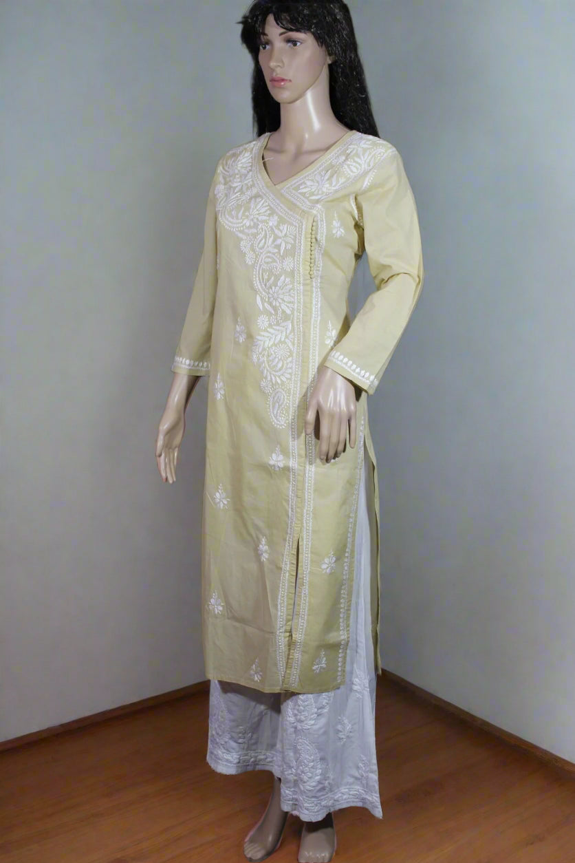 Lucknow Chikankari Fawn Cotton Angrakha- K30032