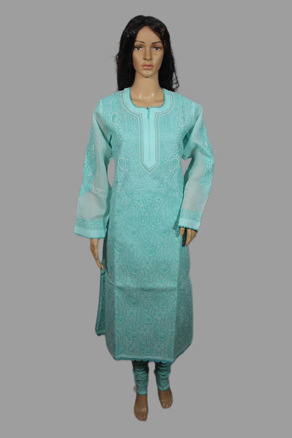 Lucknowi Chikankari Turquoise Blue Cotton 3 Piece Kurta-Chudidar Pyjama-Dupatta Set-PJ00001