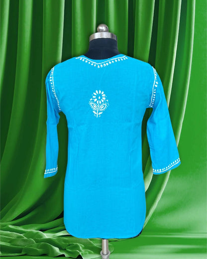 Lucknowi Chikankari Blue Cotton Short Kurti-T000030