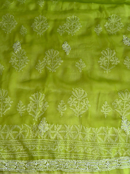 Lucknowi Chikankari Unstitched Green Georgette Kurta-Bottom-Dupatta Fabric-U30053