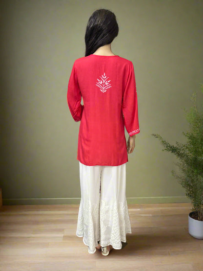 Lucknowi Chikankari Coral Pink Rayon Short Kurti-T000073