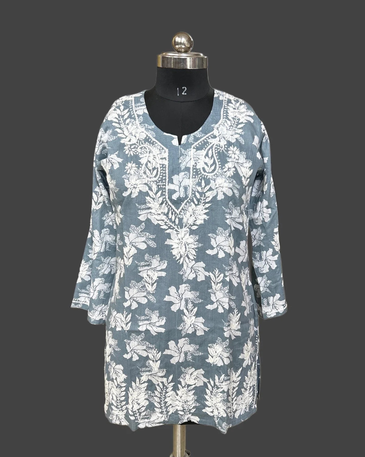 Lucknowi Chikankari Grey 'Dhoondhla' Printed Cotton Short Kurti-T000028