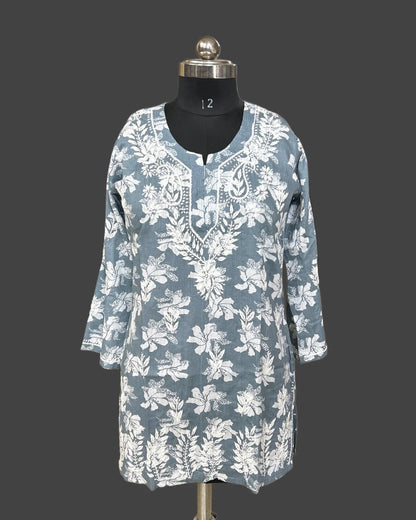 Lucknowi Chikankari Grey 'Dhoondhla' Printed Cotton Short Kurti-T000028