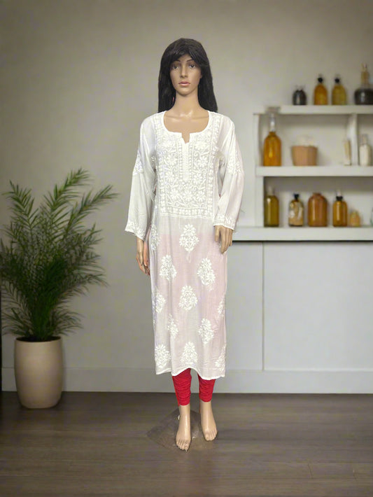 Lucknowi Chikankari White Modal Kurti-K000170