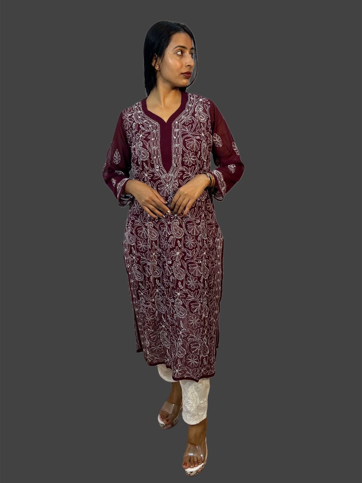 Lucknowi Chikankari Wine Georgette Kurti-K000039