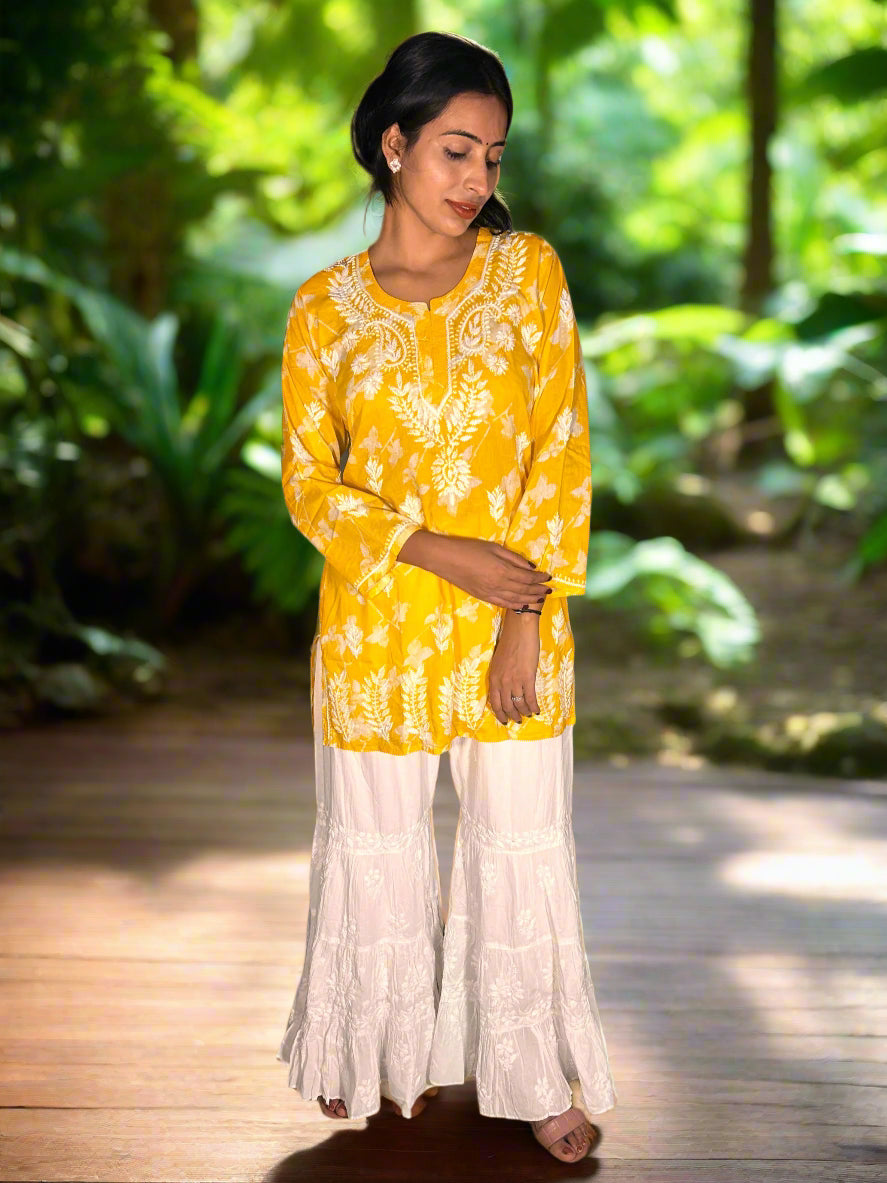 Lucknowi Chikankari Yellow Printed Cotton Short Kurti-T000019