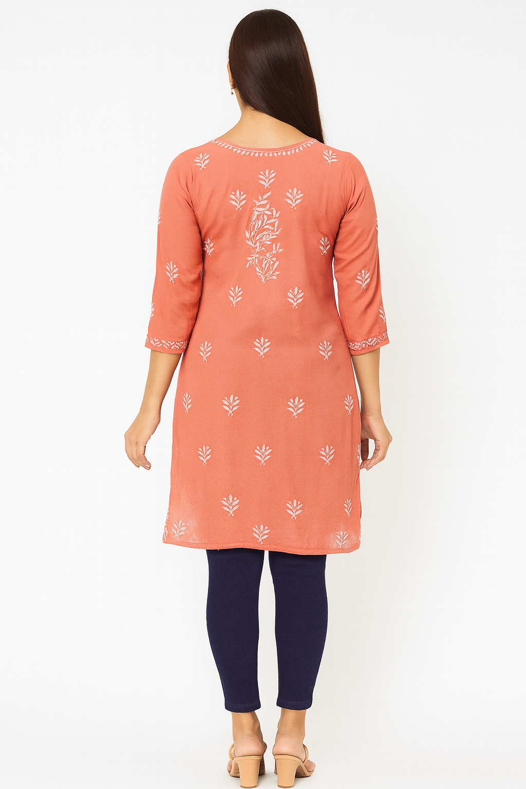 Lucknowi Chikankari Peach 'Aarooi' Viscose Short Kurti-T30009