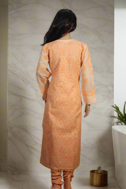 Lucknowi Chikankari Orange Cotton 3 Piece Kurta-Chudidar Pyjama-Dupatta Set-PJ00005