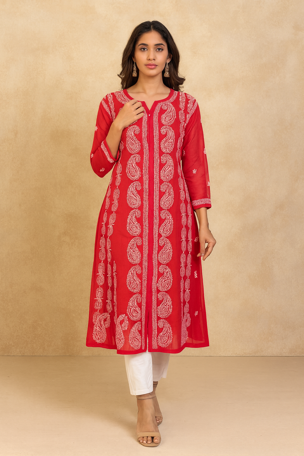 Lucknow Chikankari Red 'Shafaq' Georgette Anarkali-K000007
