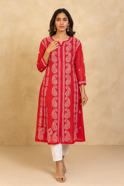 Lucknow Chikankari Red 'Shafaq' Georgette Anarkali-K000007