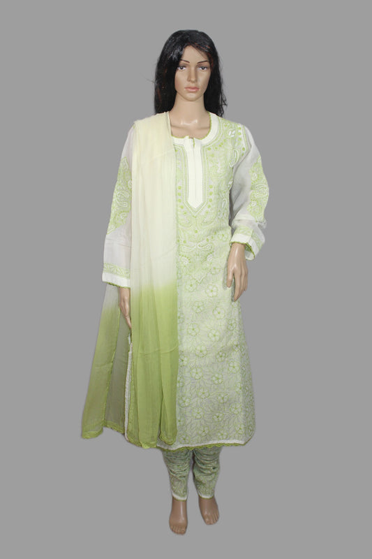 Lucknowi Chikankari Cream Cotton 3 Piece Kurta-Chudidar Pyjama-Dupatta Set-PJ00003