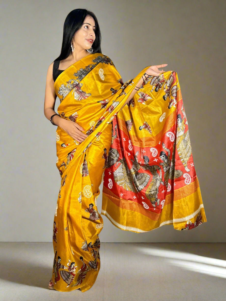 Lucknowi Chikankari Mustard Yellow Printed Faux Silk Saree-PF100001