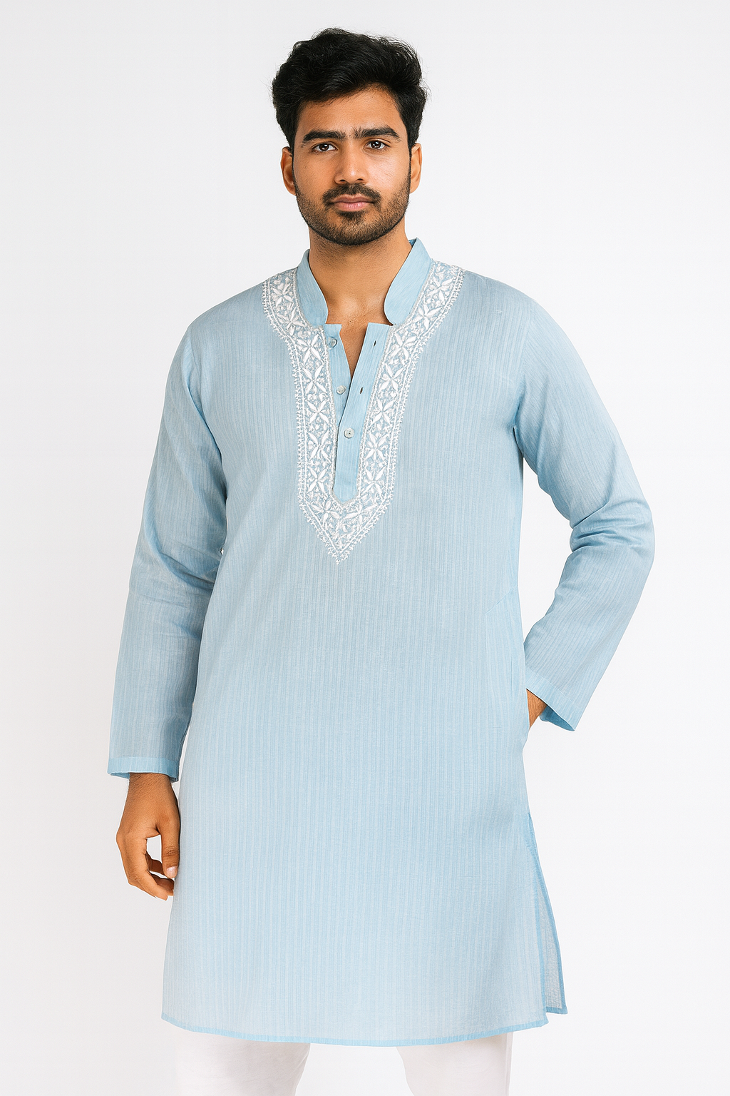 Lucknowi Chikankari Blue 'Aab-e-Asmaan' Cotton Gents Kurta-GK00029