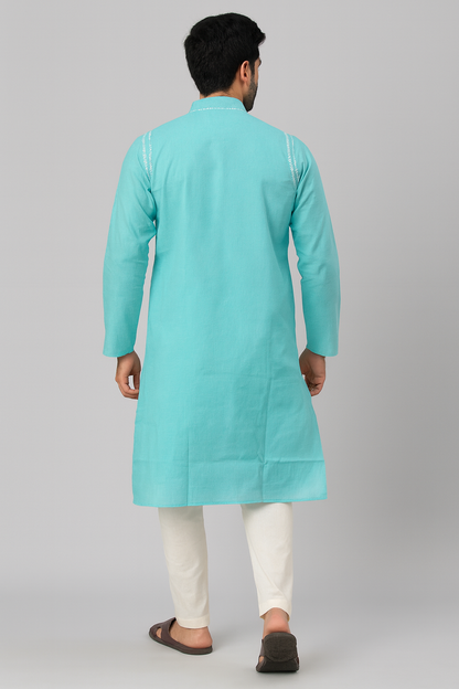 Lucknowi Chikankari Blue 'Aab-e-Asmaan' Cotton Gents Kurta-GK00023