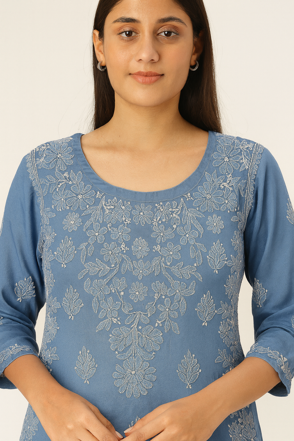 Lucknowi Chikankari Blue 'Aab-e-Asmaan' Viscose Short Kurti-T30010