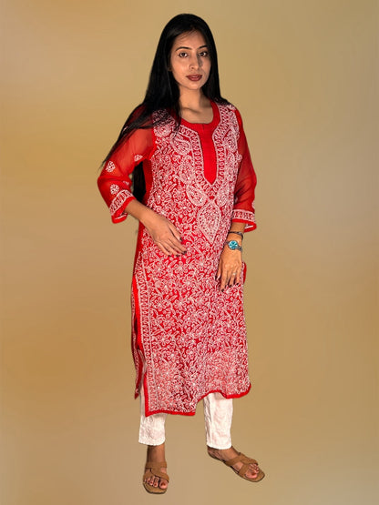 Lucknowi Chikankari Red Georgette Kurti-K000048