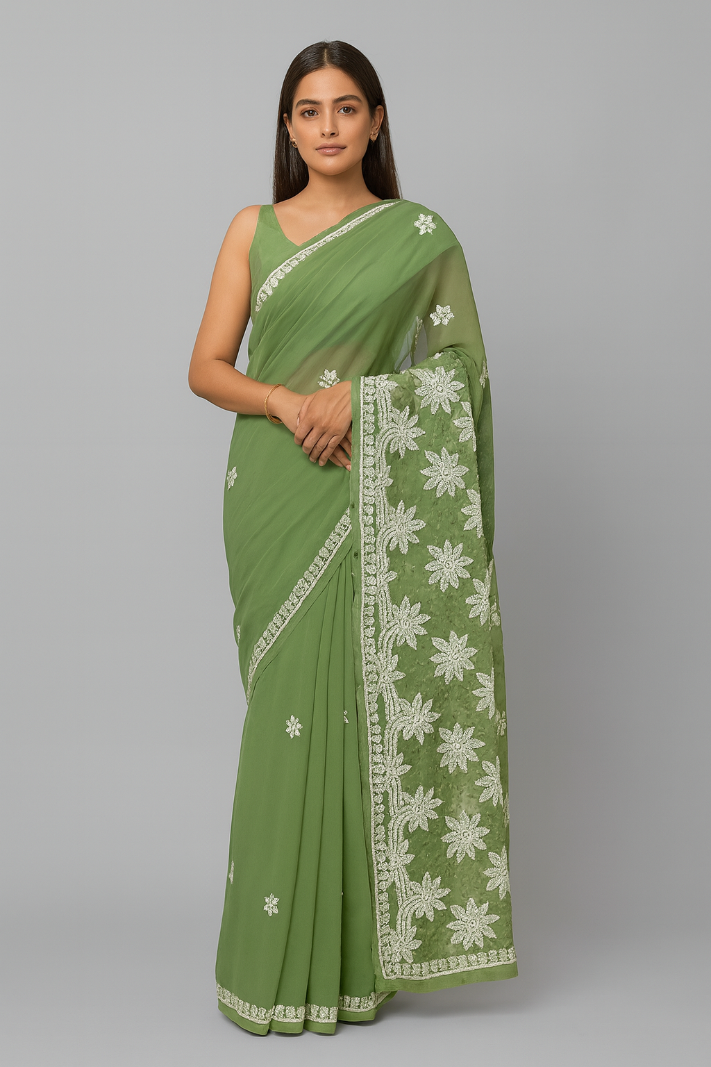 Lucknowi Chikankari Green 'Bahar' Georgette Saree (With Blouse)-S00040