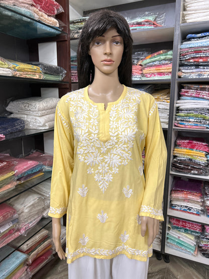 Lucknowi Chikankari Yellow 'Sunehri' Rayon Short Kurti-T50029