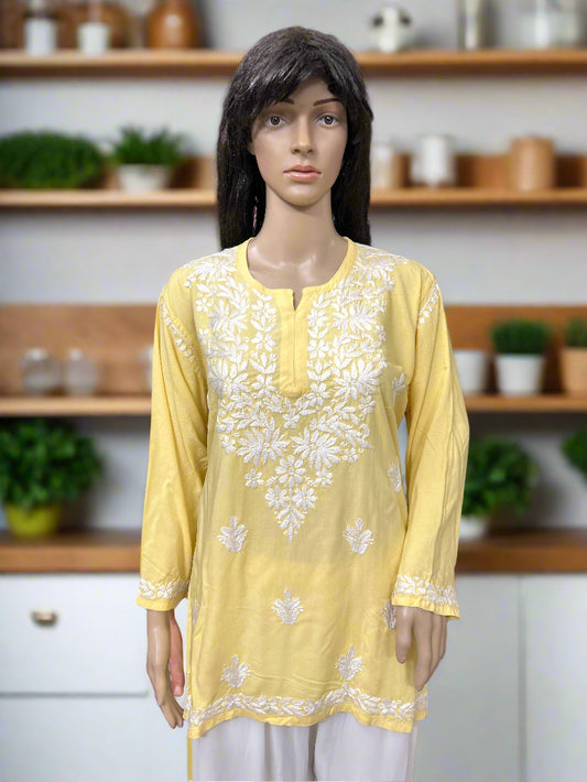 Lucknowi Chikankari Yellow Rayon Short Kurti-T000077
