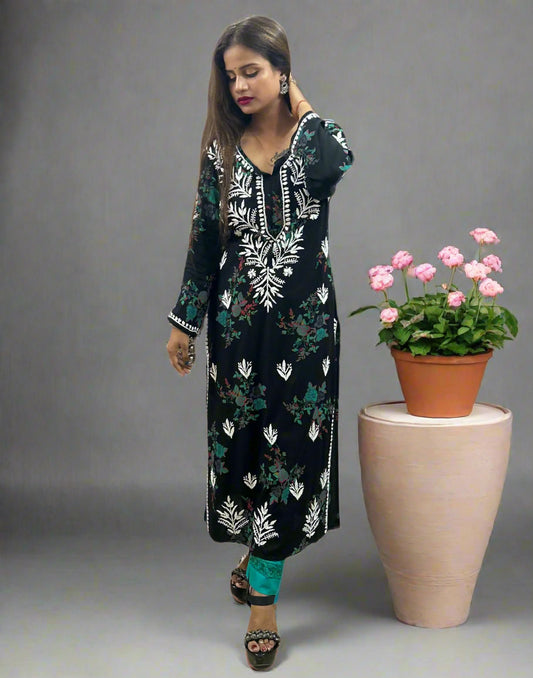 Lucknowi Chikankari Black Printed Rayon Kurti-K000072