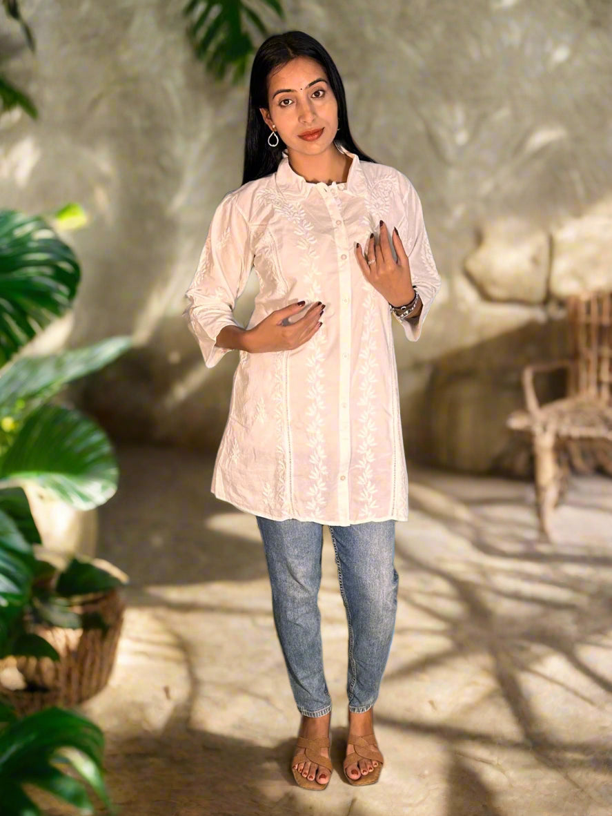 Lucknowi Chikankari White Cotton Shirt-T000041