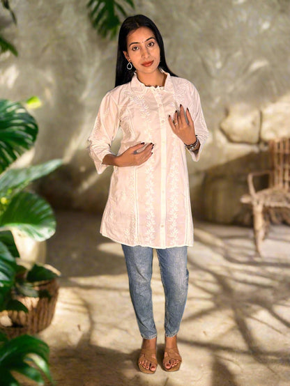 Lucknowi Chikankari White Cotton Shirt-T000041