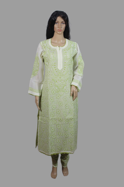 Lucknowi Chikankari Cream Cotton 3 Piece Kurta-Chudidar Pyjama-Dupatta Set-PJ00003